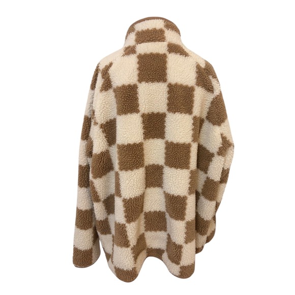 NEW Checkerboard Sherpa Fleece 2XL Tan White Jacket Button Snap Collar Pockets - Picture 7 of 8